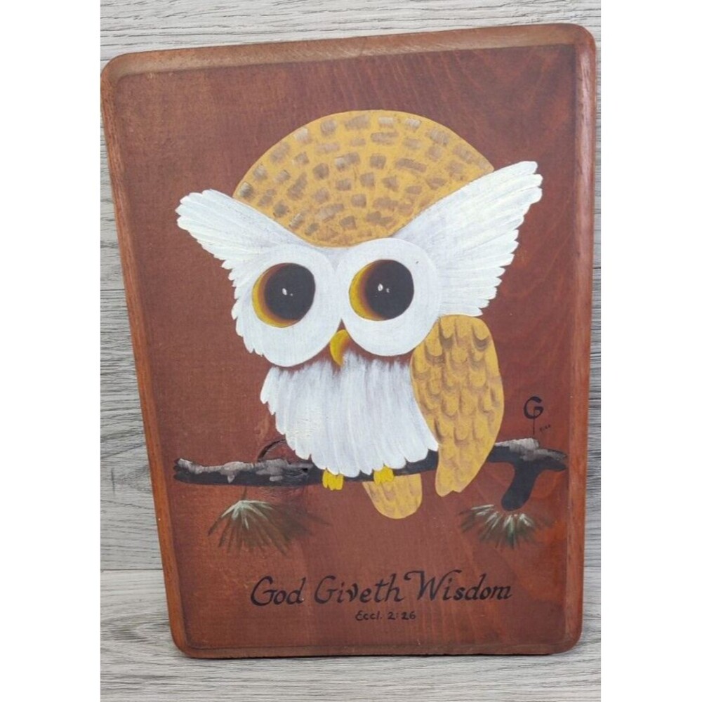 Hand Painted 7x10 Wooden Baby Owl In A Tree With Bible Verse Hanging Vintage Art